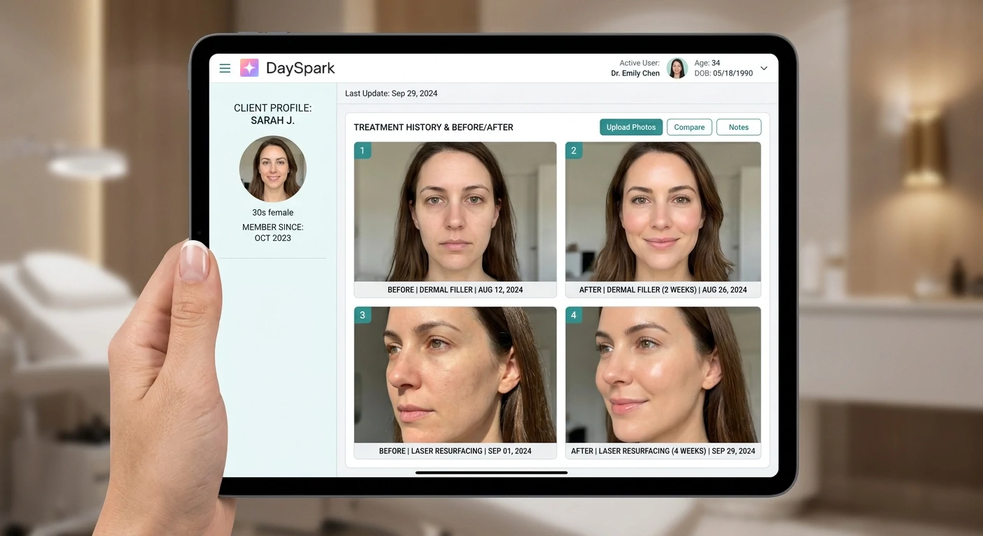 DaySpark client profile Photos tab with treatment images